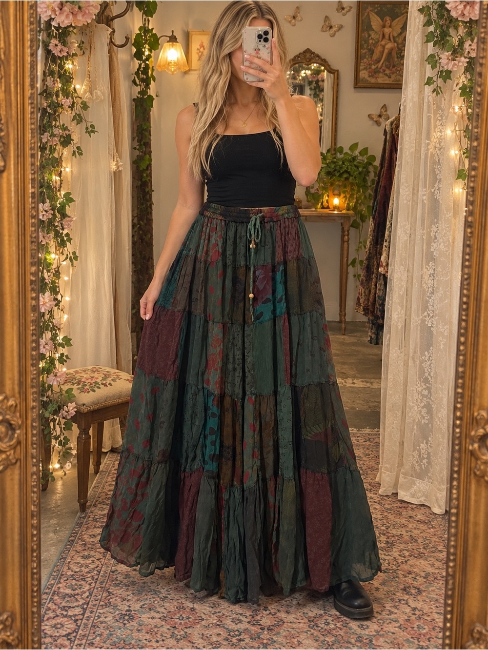 Boho Tiered Patchwork Maxi Skirt - Green/Burgundy